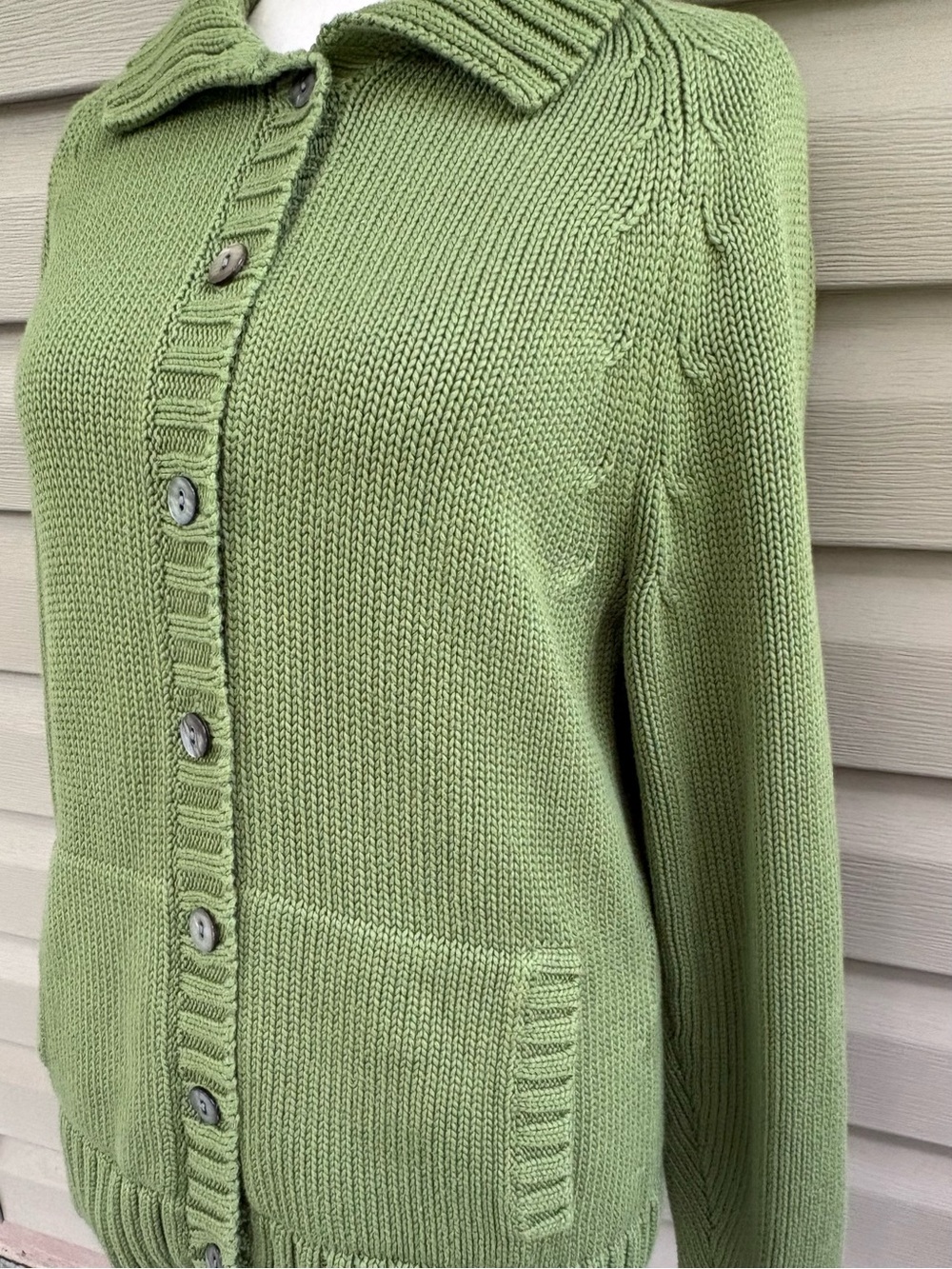 Lands' End Olive Knit Button-Front Cardigan 100% Cotton- (10-12) M